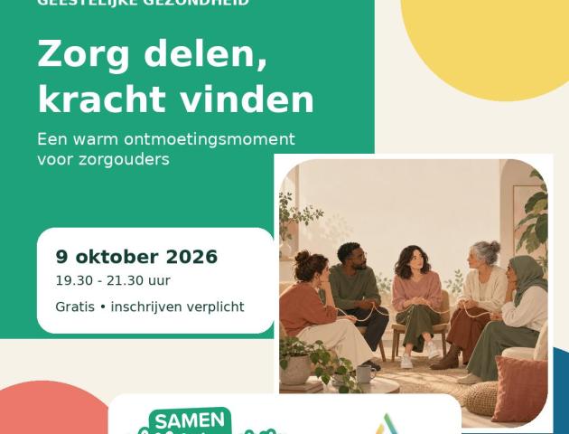 Zorg delen, kracht vinden.  "Een warm ontmoetingsmoment voor zorgouders" © AI