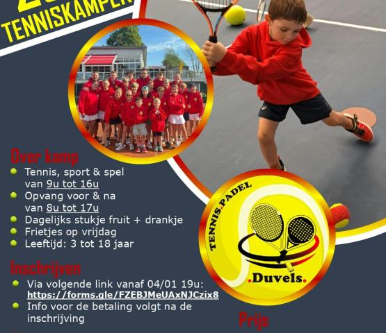 Tenniskamp TPC Duvels 02/11/26 - 06/11/26 (3-18 jaar) © TPC Duvels